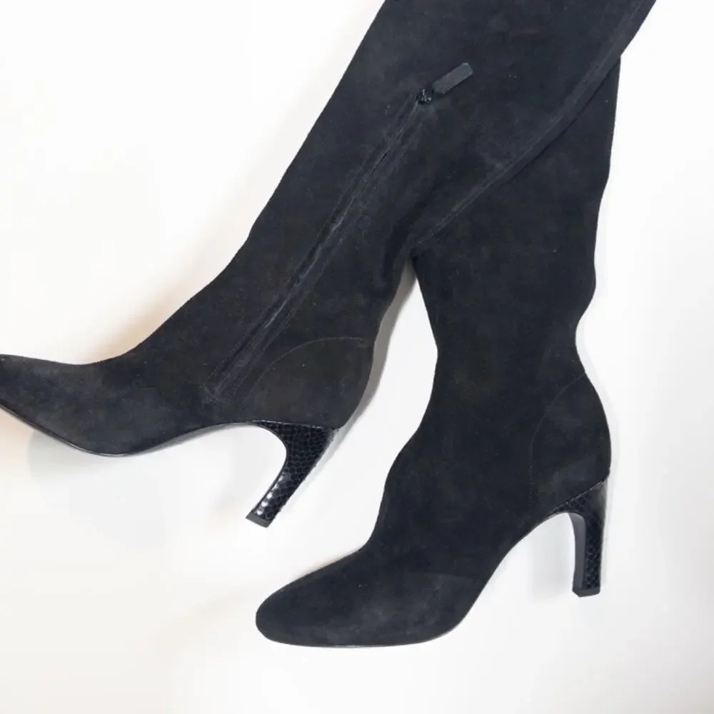 Tory Burch Over the Knee Stretch Boot Womens 7 Black Suede 80mm Snake Skin Heel - Picture 3 of 10
